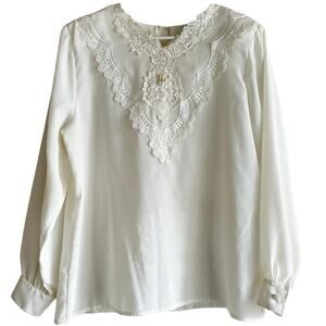 Vintage Kathy Che Blouse Long Sleeve Laced Beaded 100% Polyester Ivory White 12